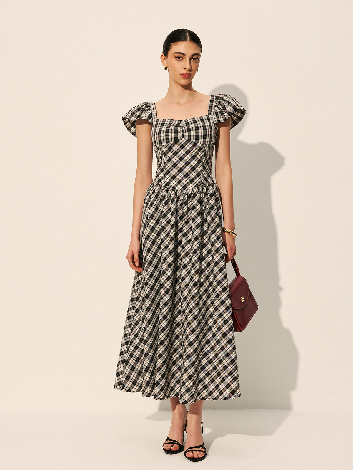 Checkerboard Puff Sleeve Maxi Dress — Svelte Chic