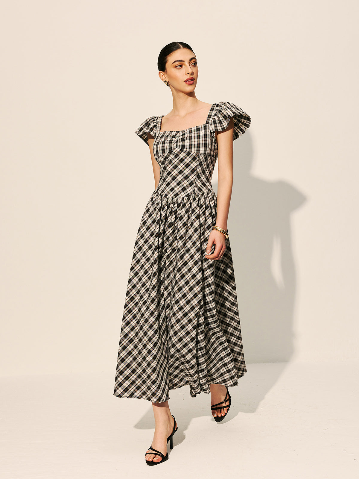 Checkerboard Puff Sleeve Maxi Dress — Svelte Chic