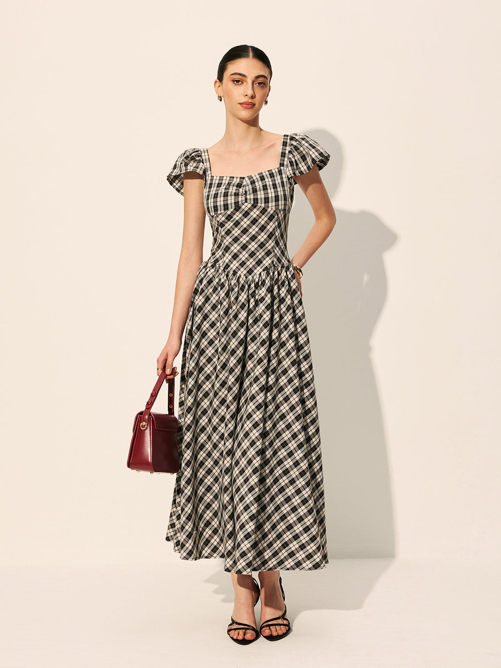 Checkerboard Puff Sleeve Maxi Dress — Svelte Chic