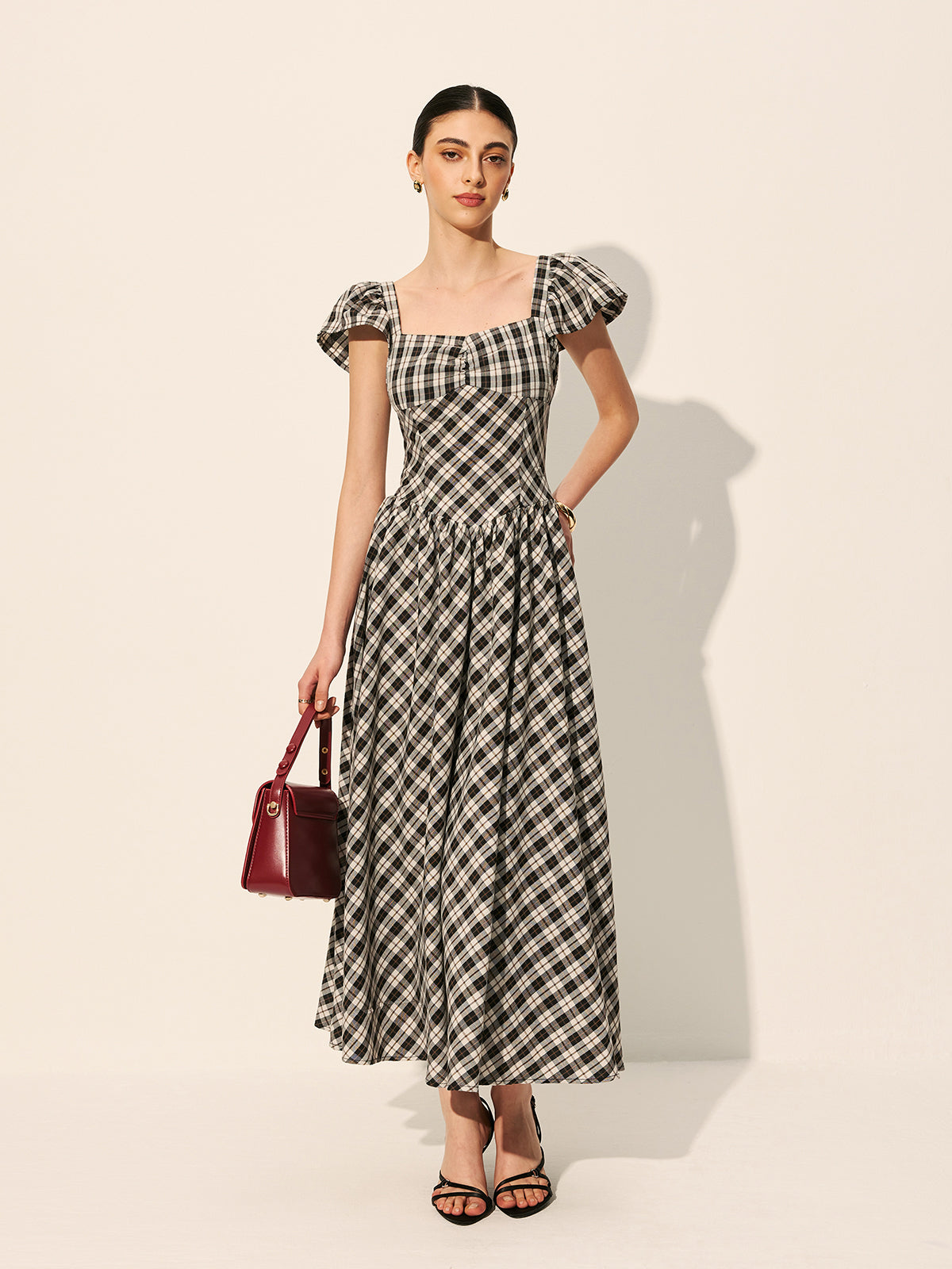 Checkerboard Puff Sleeve Maxi Dress — Svelte Chic