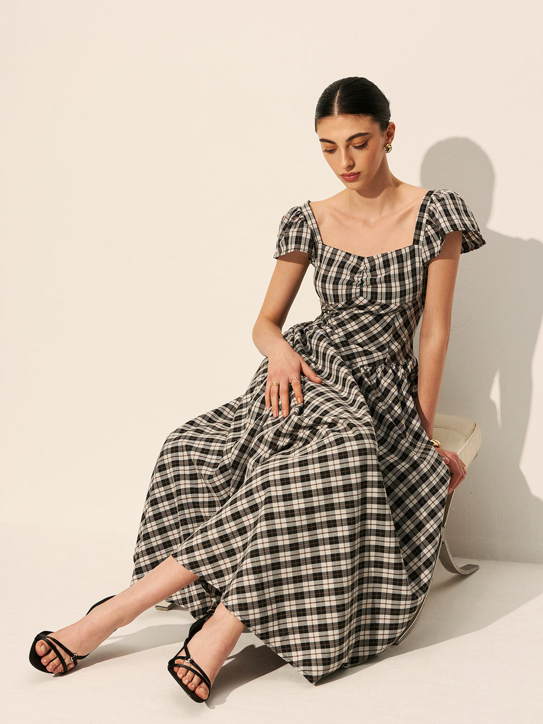 Şık Kareli Kabarık Kol Abiye Elbise