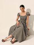 Checkerboard Puff Sleeve Maxi Dress in Black — Svelte Chic