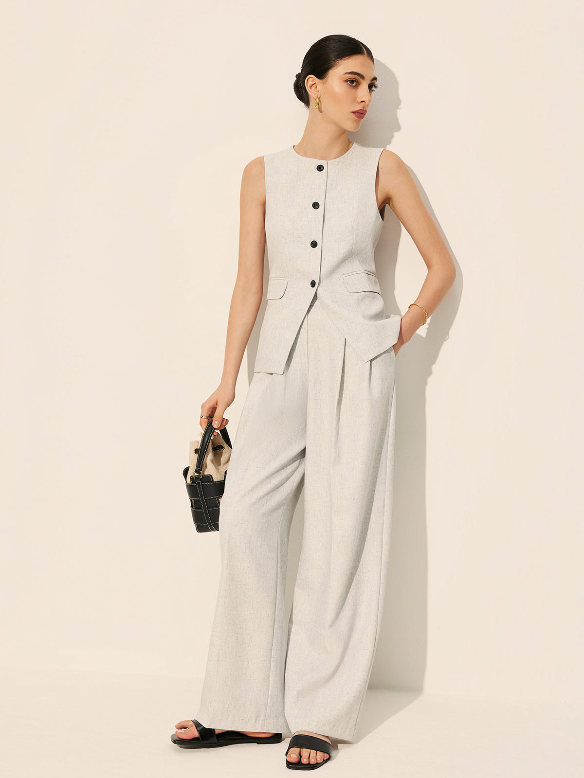 Mid Waist Pleated Wide Leg Trousers in Grey — Svelte Chic
