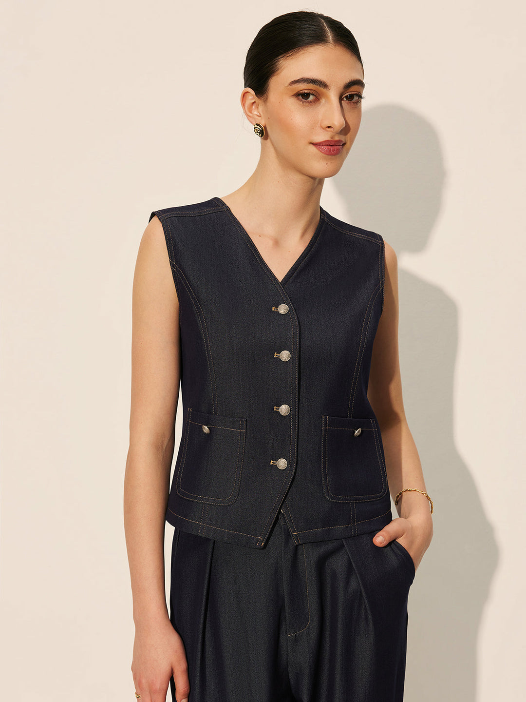 Şık Düğmeli Cepli Jean Yelek