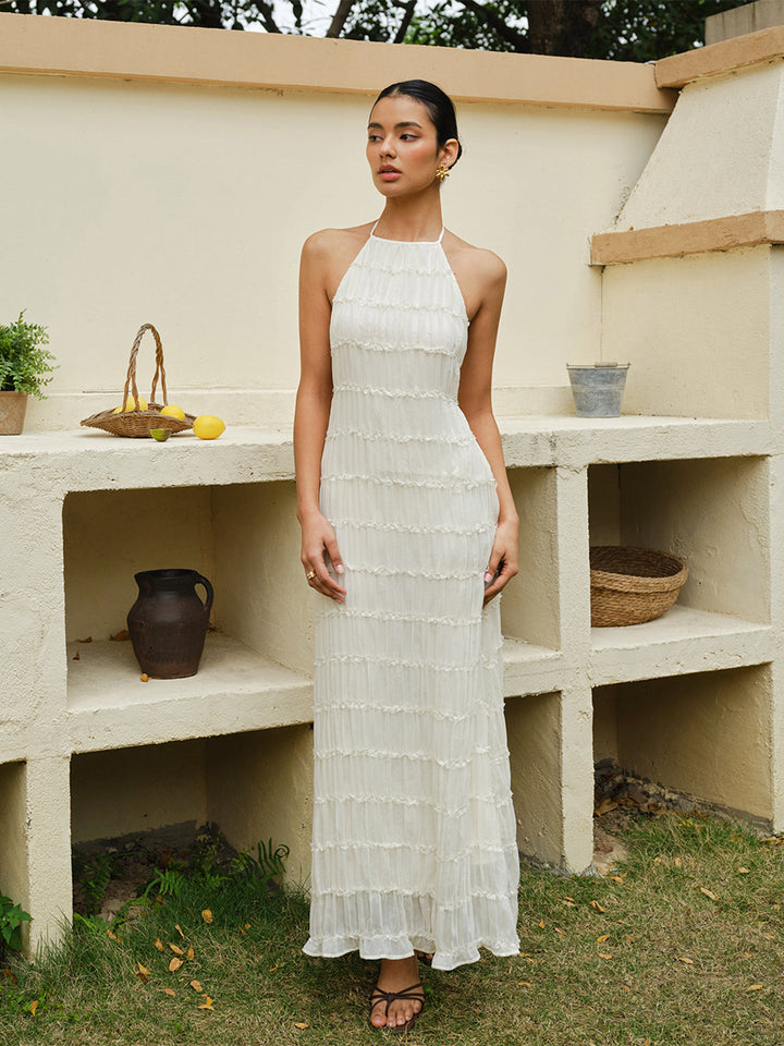 Şık Volanlı Yarım Askılı Elbise, Şeritli Arka Tasarım