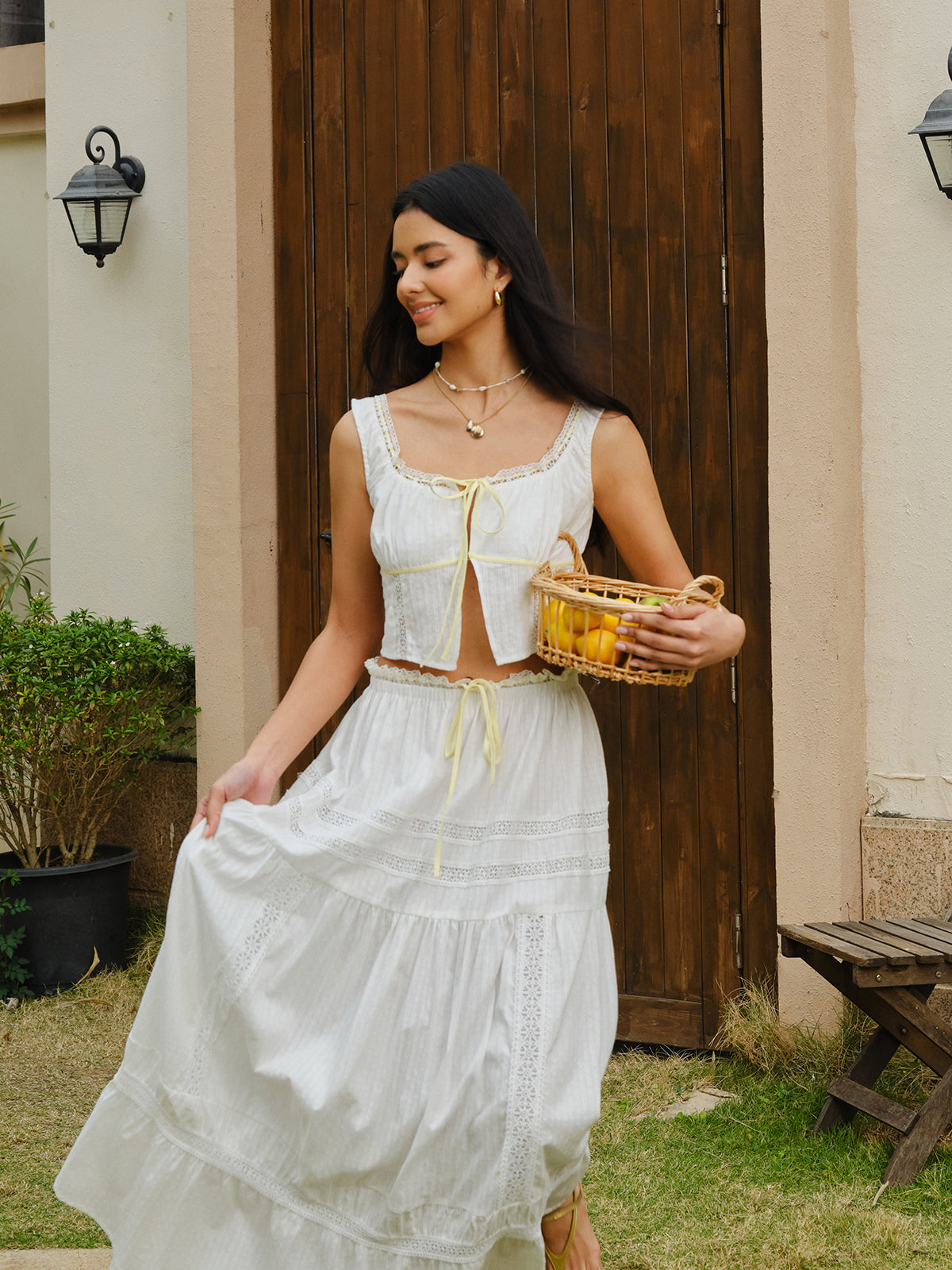 Lace Trim Tie Front Top and Skirt Set — Svelte Chic