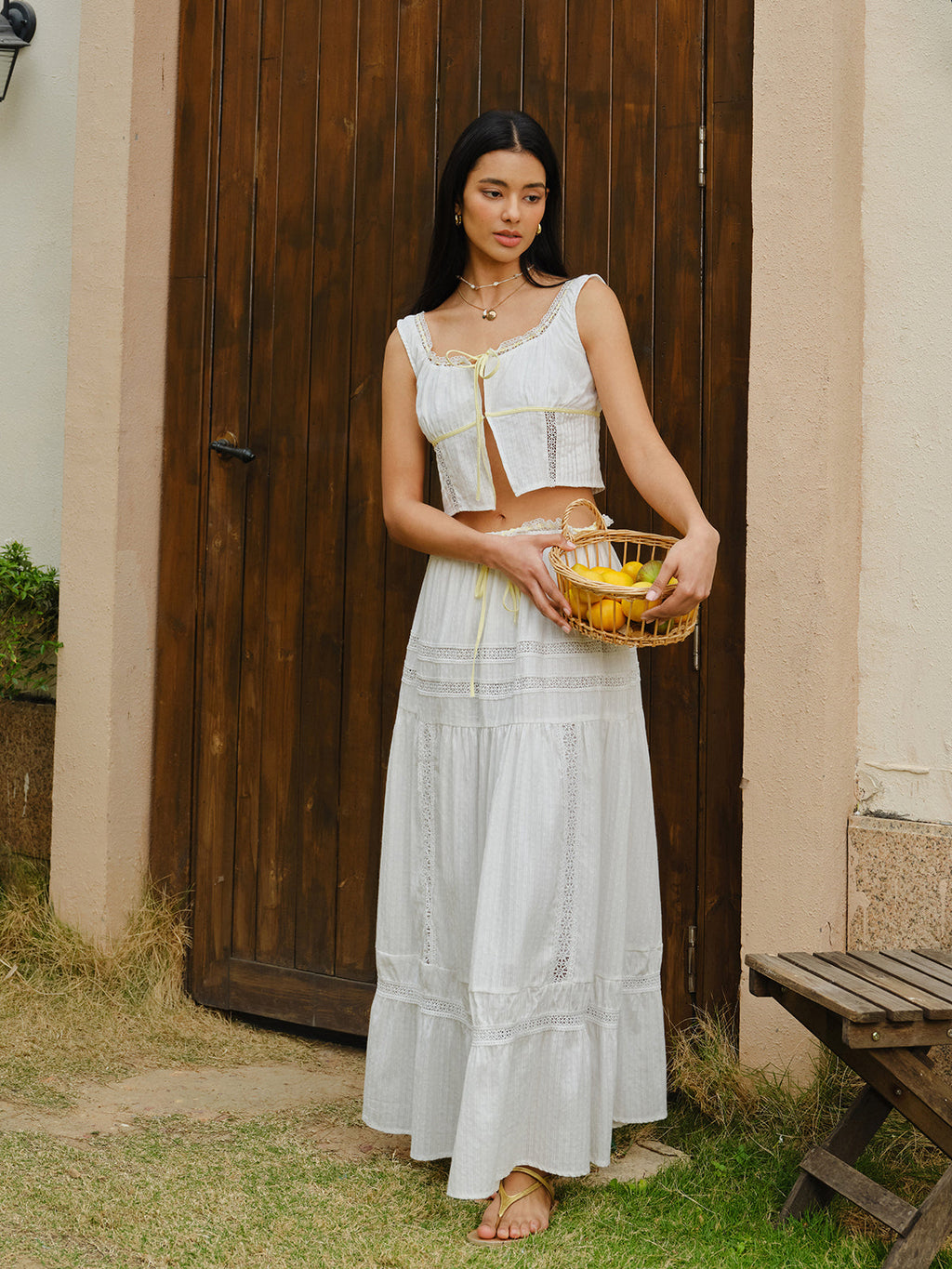 Lace Trim Tie Front Top and Skirt Set in White — Svelte Chic