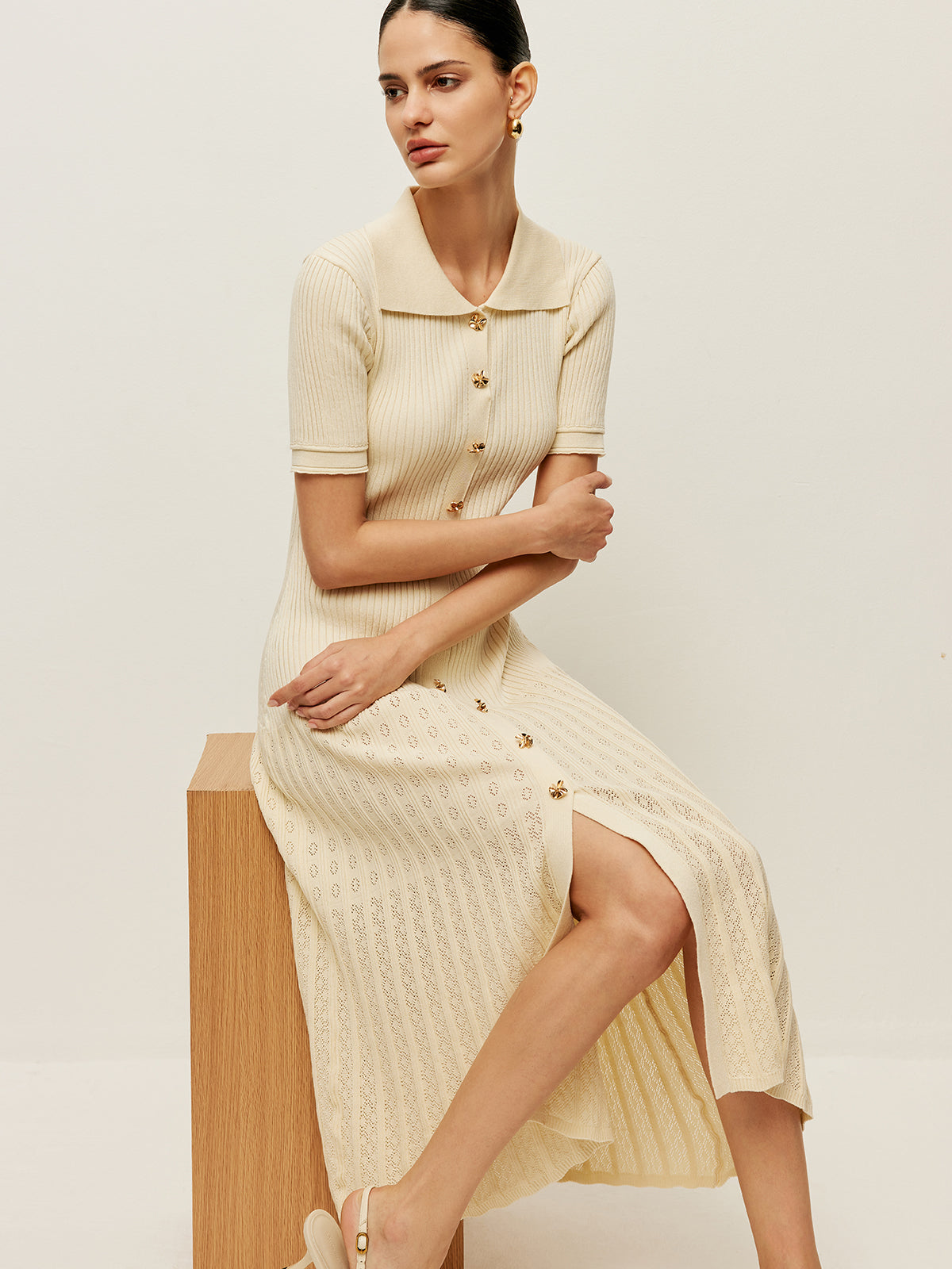 Openwork Knit Polo Midi Dress — Svelte Chic