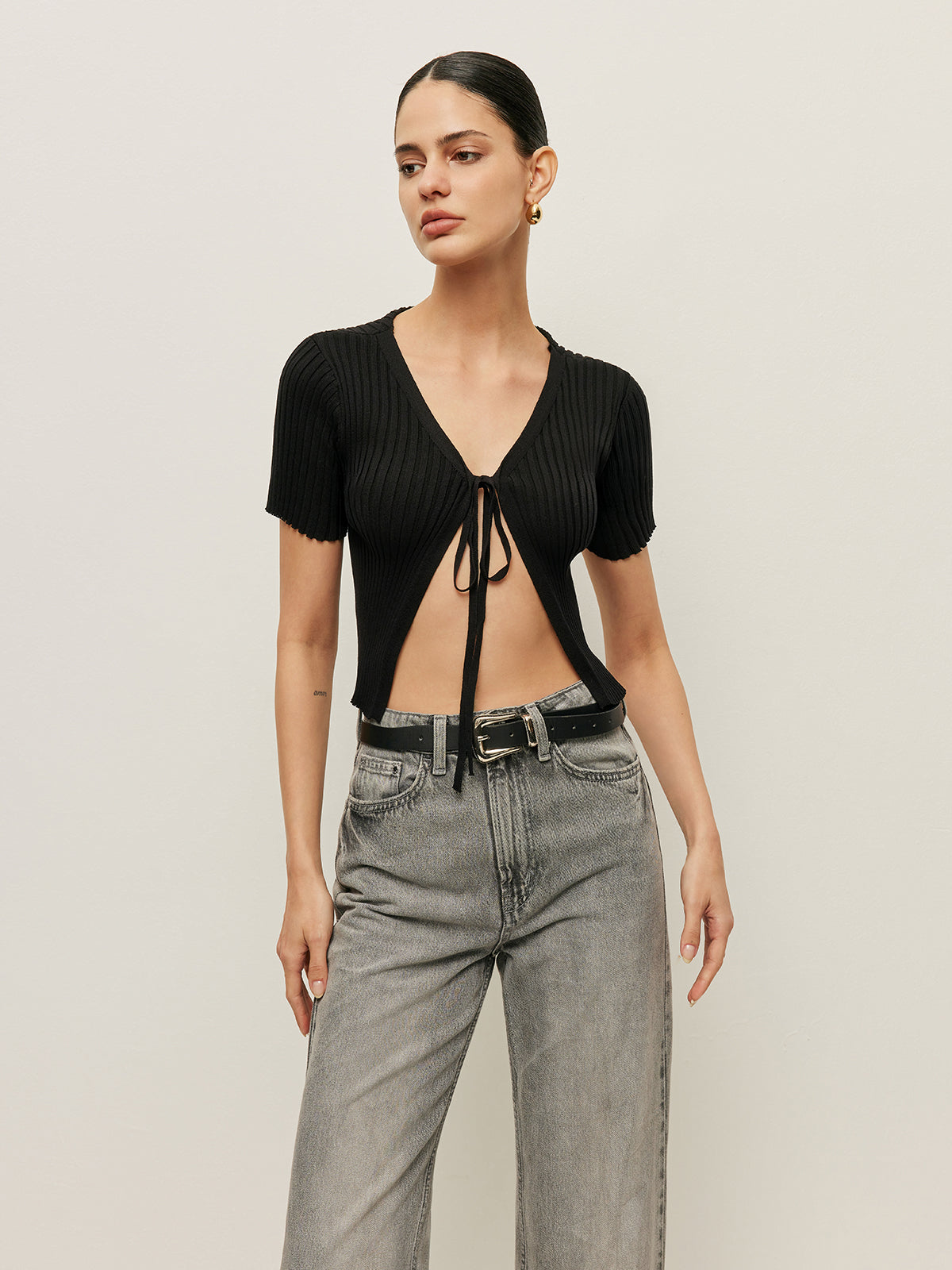 Striped Ribbed Short Sleeve Top in Black — Svelte Chic