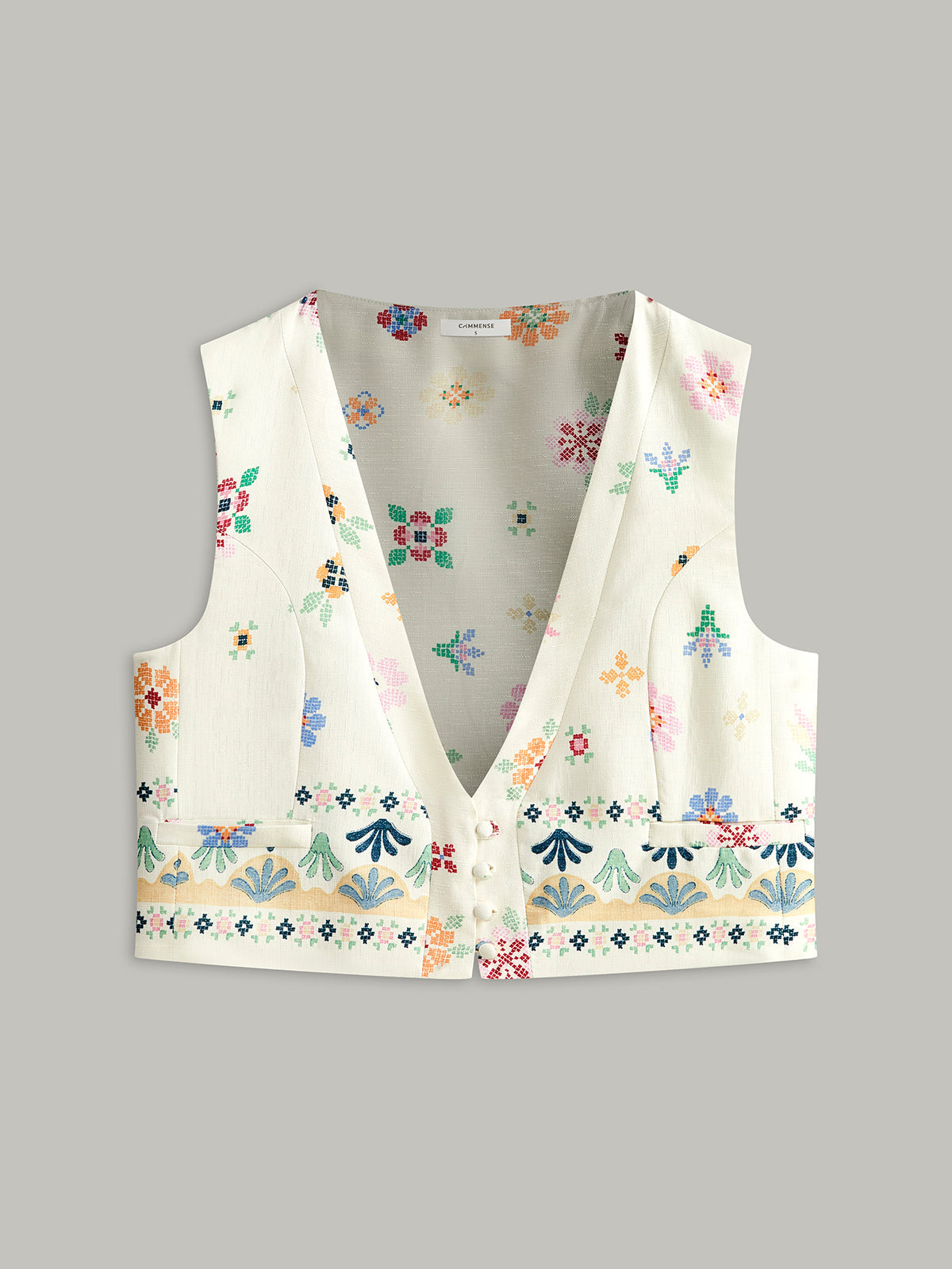 Floral Embroidered Button Vest in Off-White — Svelte Chic