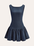 Sleeveless Denim Ruffle Mini Dress in Navy — Svelte Chic