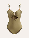 Beaded Strap Cutout Swimsuit in Light Brown — Svelte Chic