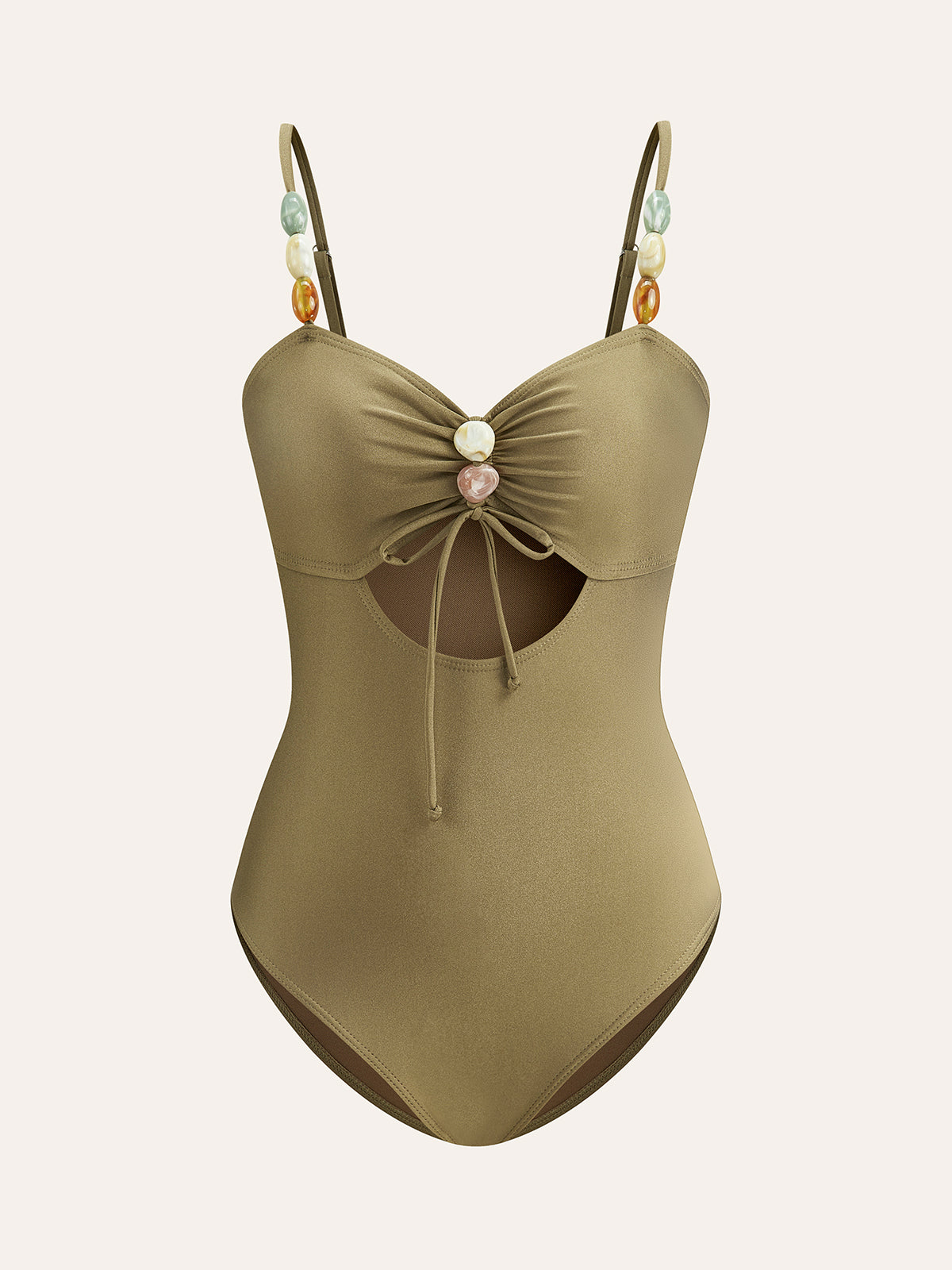 Beaded Strap Cutout Swimsuit in Light Brown — Svelte Chic