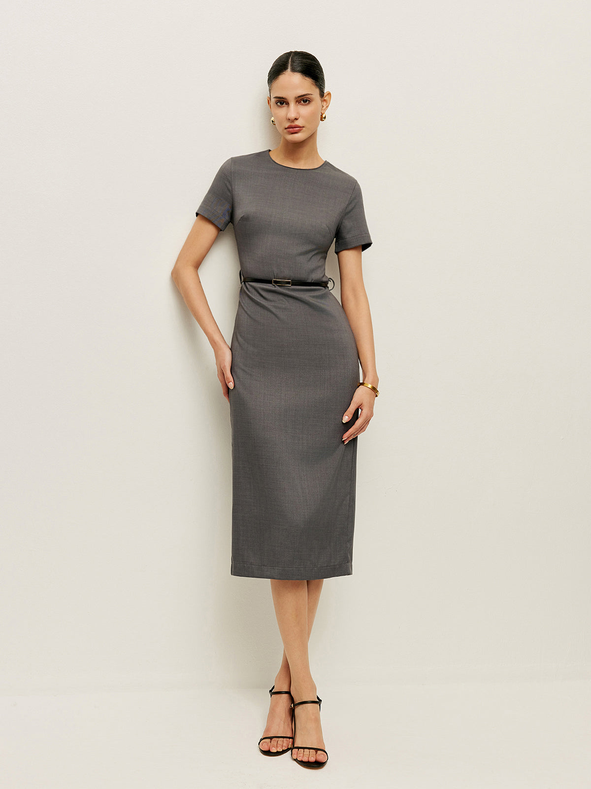 Belted Short Sleeve Pencil Midi Dress — Svelte Chic