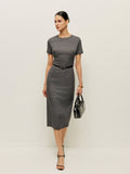 Belted Short Sleeve Pencil Midi Dress in Grey — Svelte Chic