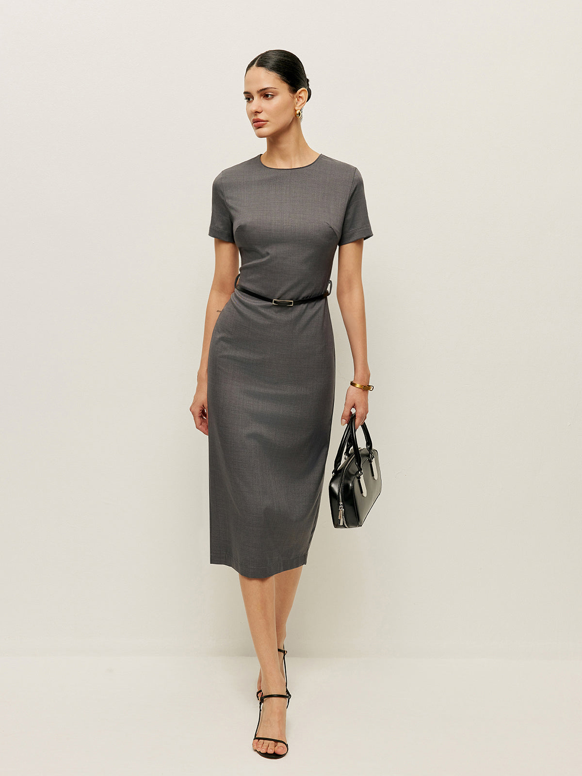 Belted Short Sleeve Pencil Midi Dress in Grey — Svelte Chic