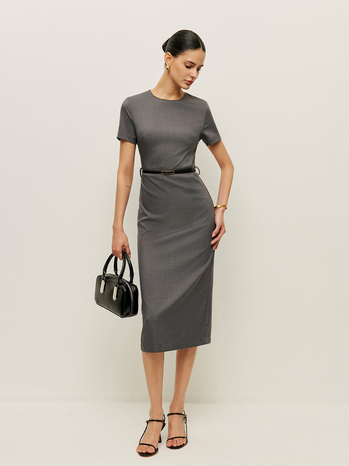 Belted Short Sleeve Pencil Midi Dress — Svelte Chic