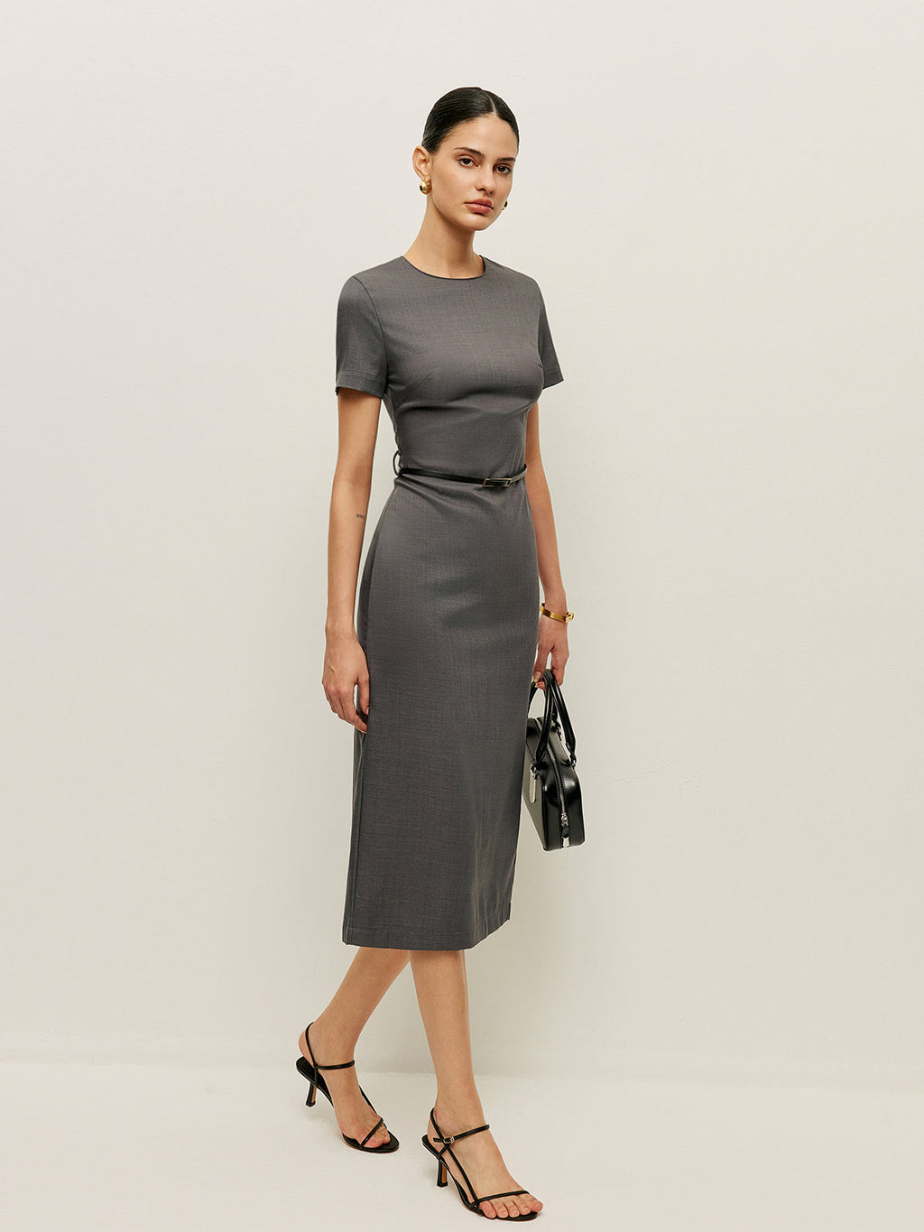 Belted Short Sleeve Pencil Midi Dress — Svelte Chic