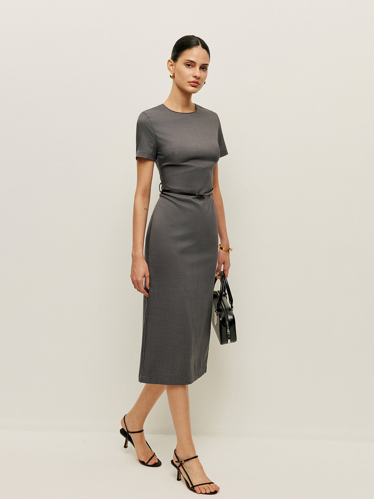 Belted Short Sleeve Pencil Midi Dress — Svelte Chic