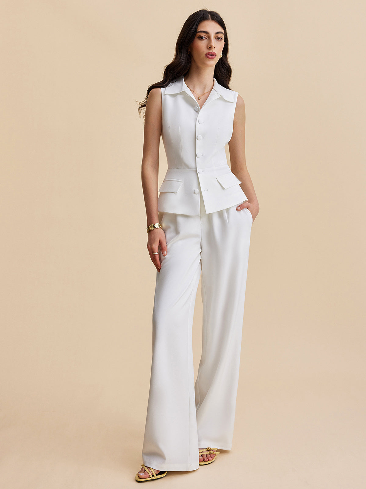 Collared Trouser Set with Pockets in White — Svelte Chic