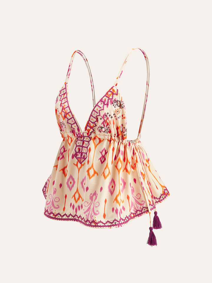 Şık Boho Nakışlı Askılı Bluz, Trendy Kordon Püsküllerle