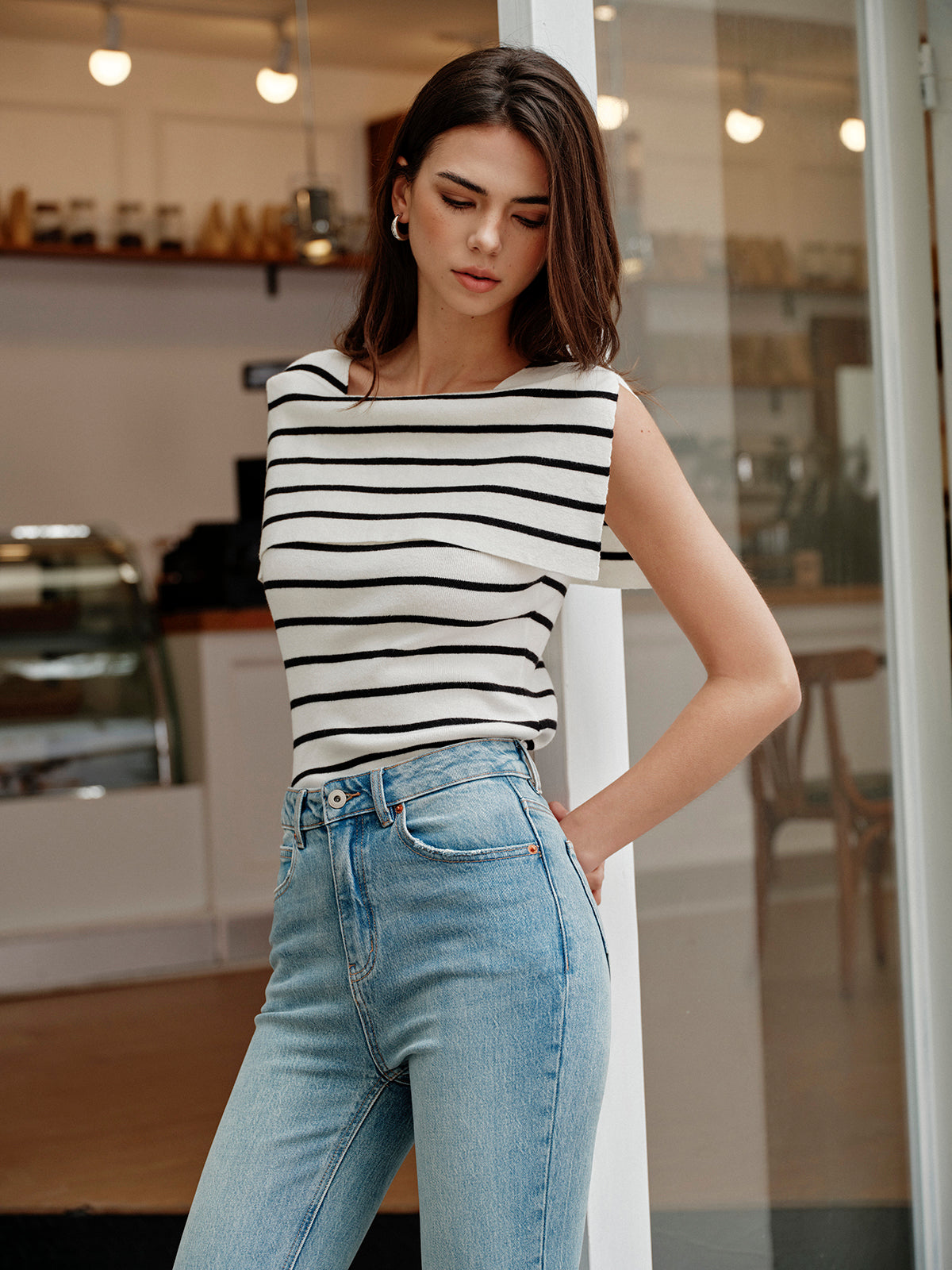 Striped Shawl Collar Knit Top — Svelte Chic