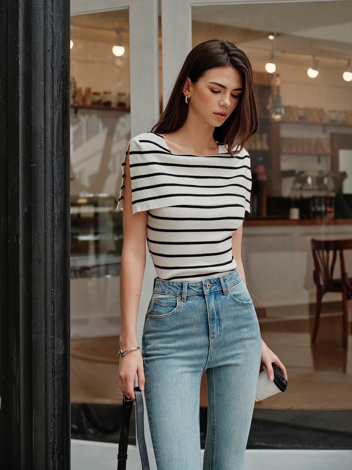 Striped Shawl Collar Knit Top — Svelte Chic
