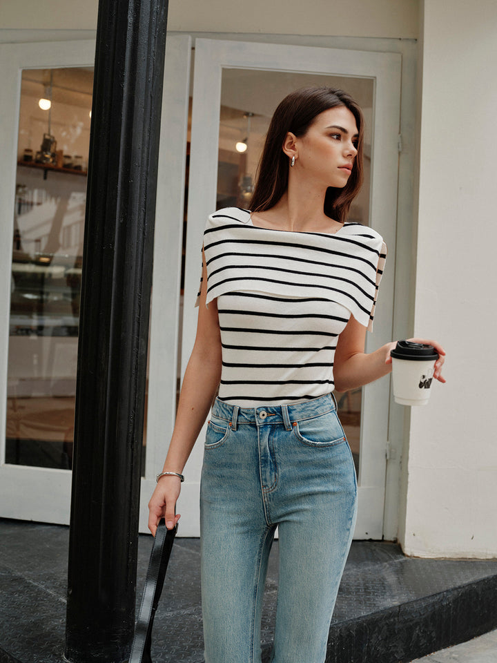 Şık Çizgili Şal Yaka Örgü Üst ile Rahat Tarz