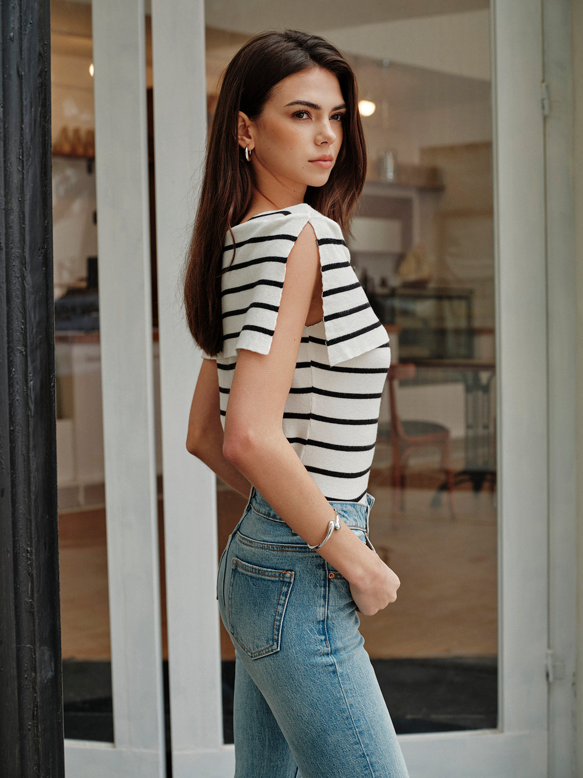Striped Shawl Collar Knit Top — Svelte Chic