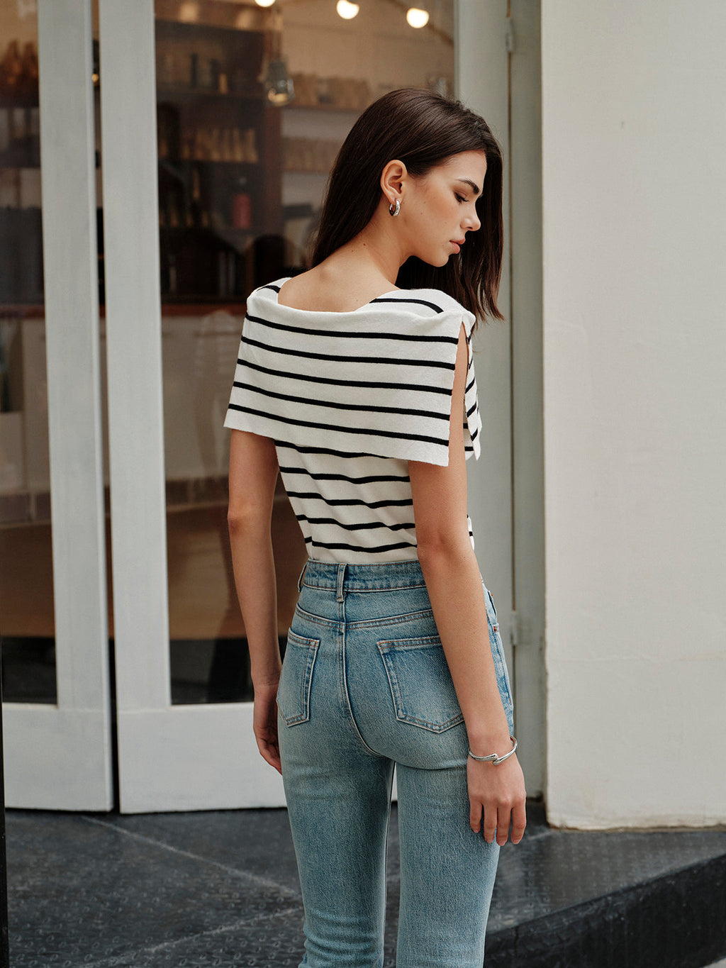 Striped Shawl Collar Knit Top — Svelte Chic