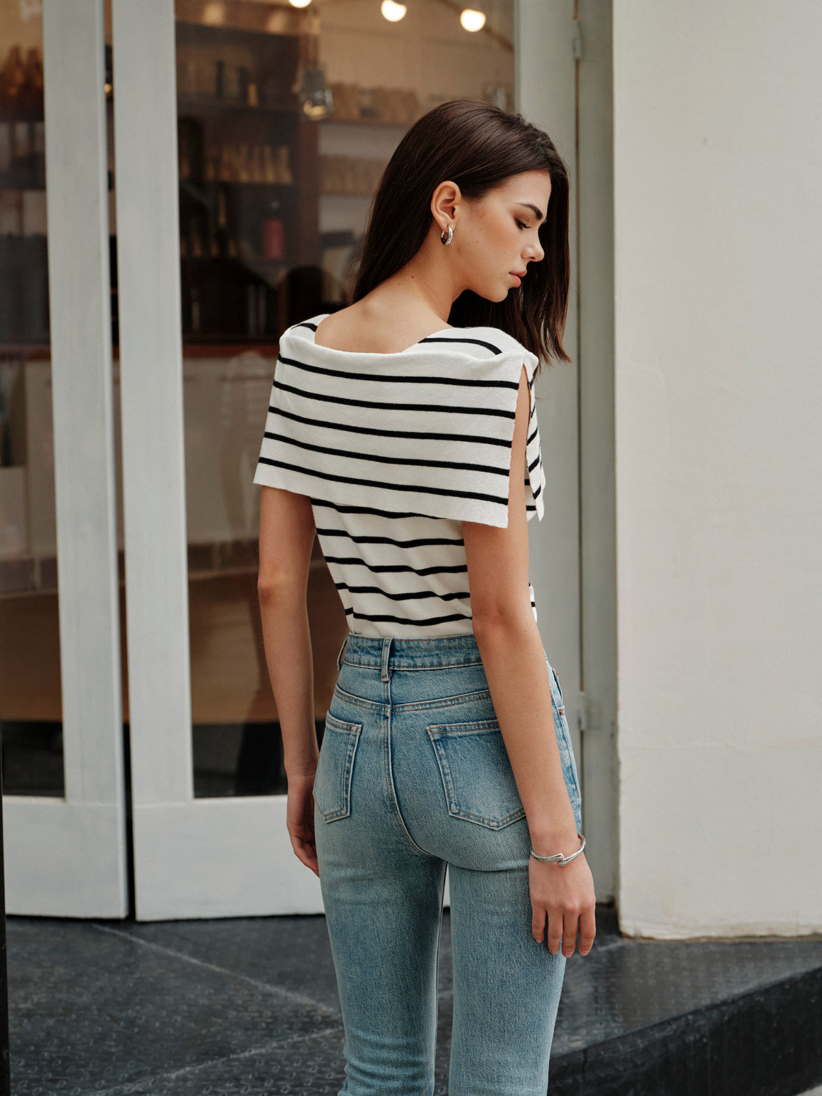 Striped Shawl Collar Knit Top — Svelte Chic