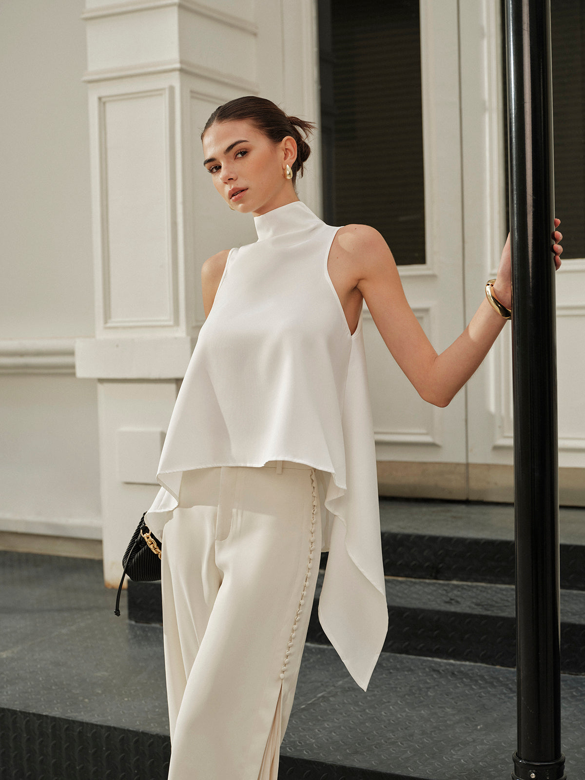 Asymmetric Mock Neck Satin Top — Svelte Chic