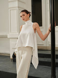 Asymmetric Mock Neck Satin Top in White — Svelte Chic