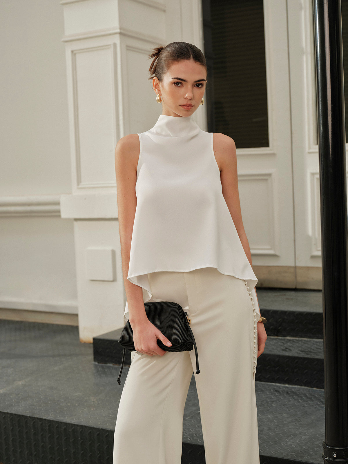 Asymmetric Mock Neck Satin Top — Svelte Chic