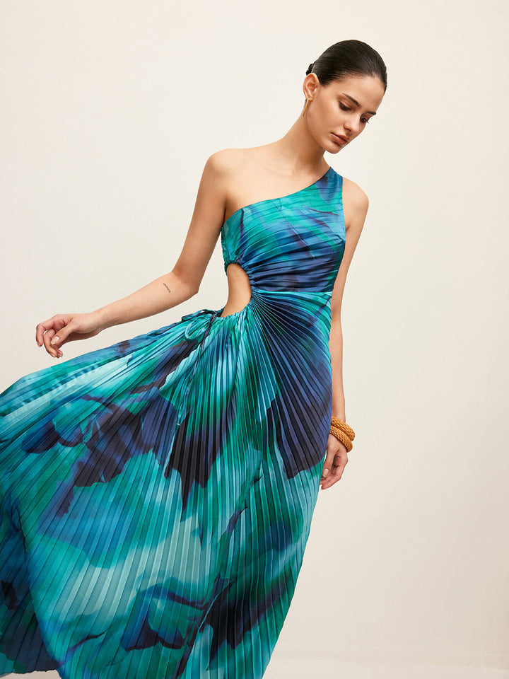 Şık Tek Omuz Fırfırlı Abiye Elbise, Şık Yan Açıklıkları ile