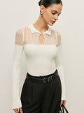 Ribbed Keyhole Polo Knit Top in White — Svelte Chic