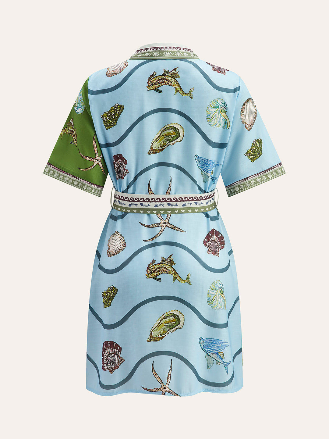 Şık Düğmeli Yaka Aqua Baskılı Gömlek ve Kemer