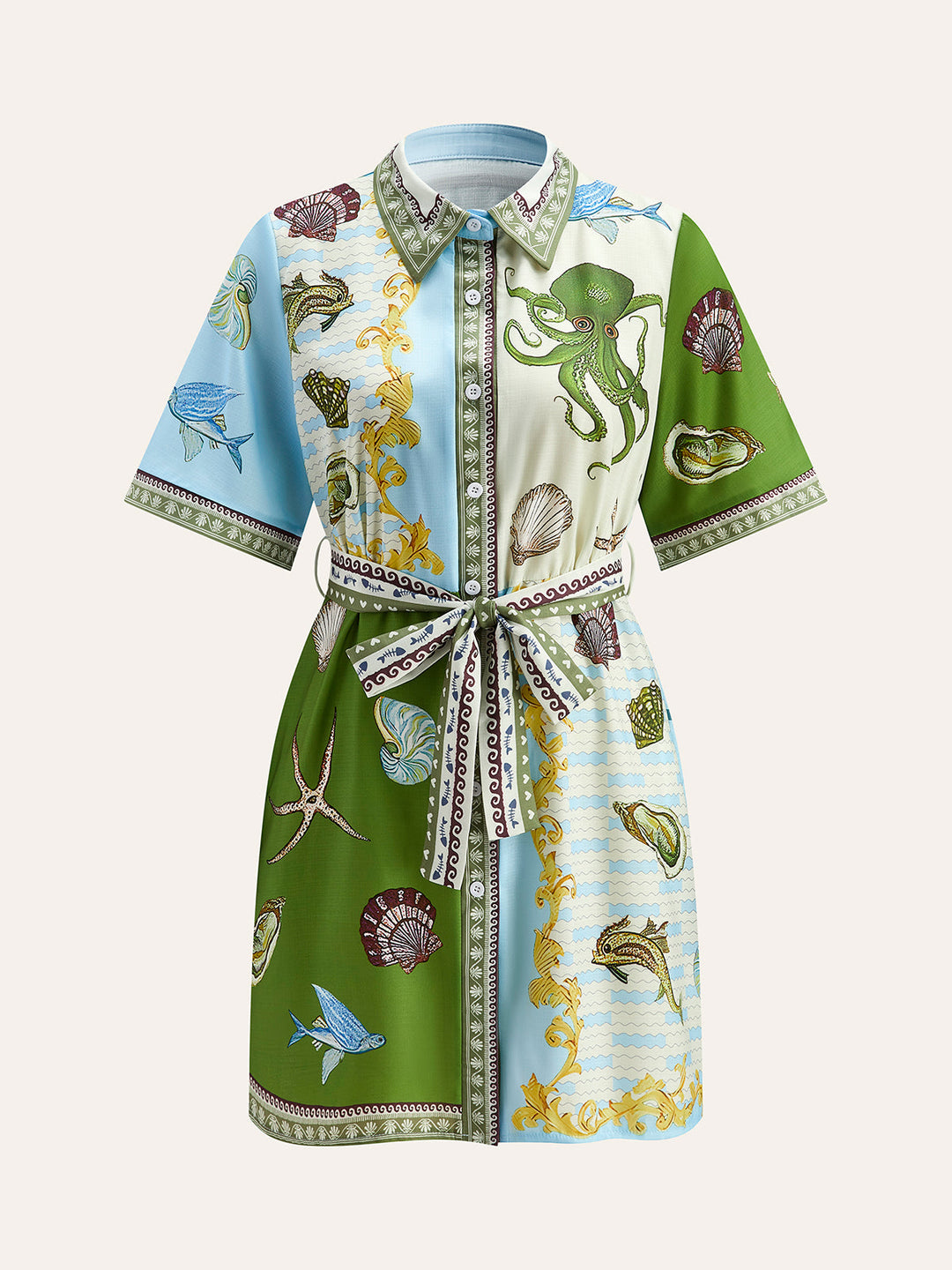 Şık Düğmeli Yaka Aqua Baskılı Gömlek ve Kemer