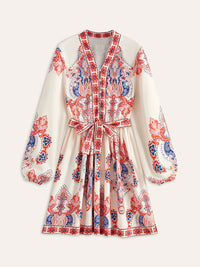 Çiçek Desenli Kuşaklı Elbise Buton Detayları ile Cazip