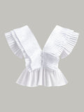 Ruffle V-Neck Button Top in White — Svelte Chic