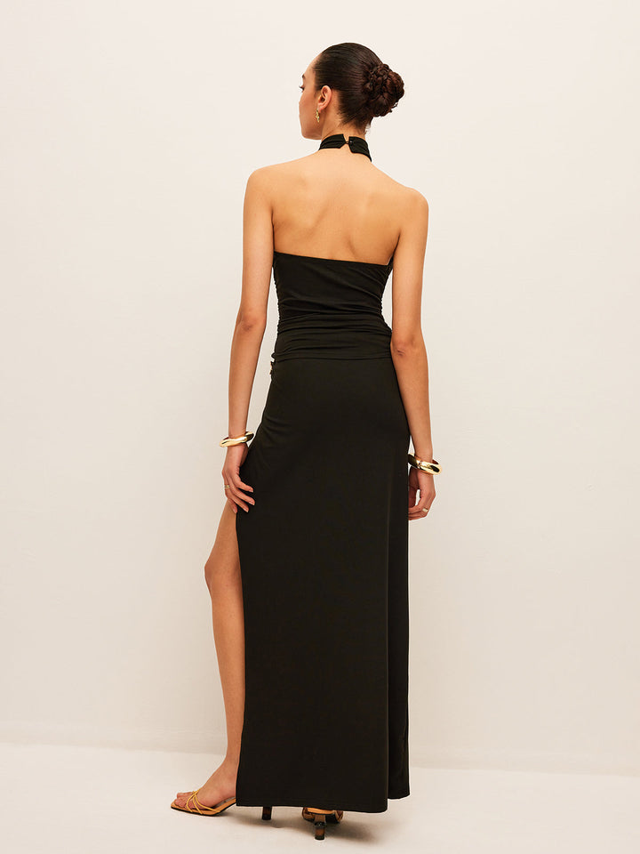 Şık Flora Halter Kesim Yırtmaçlı Etek Takımı