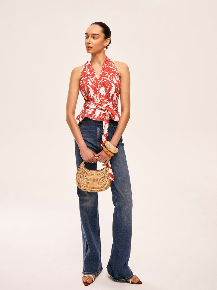 Çiçek Desenli Halter Yaka Bağcıklı Üst