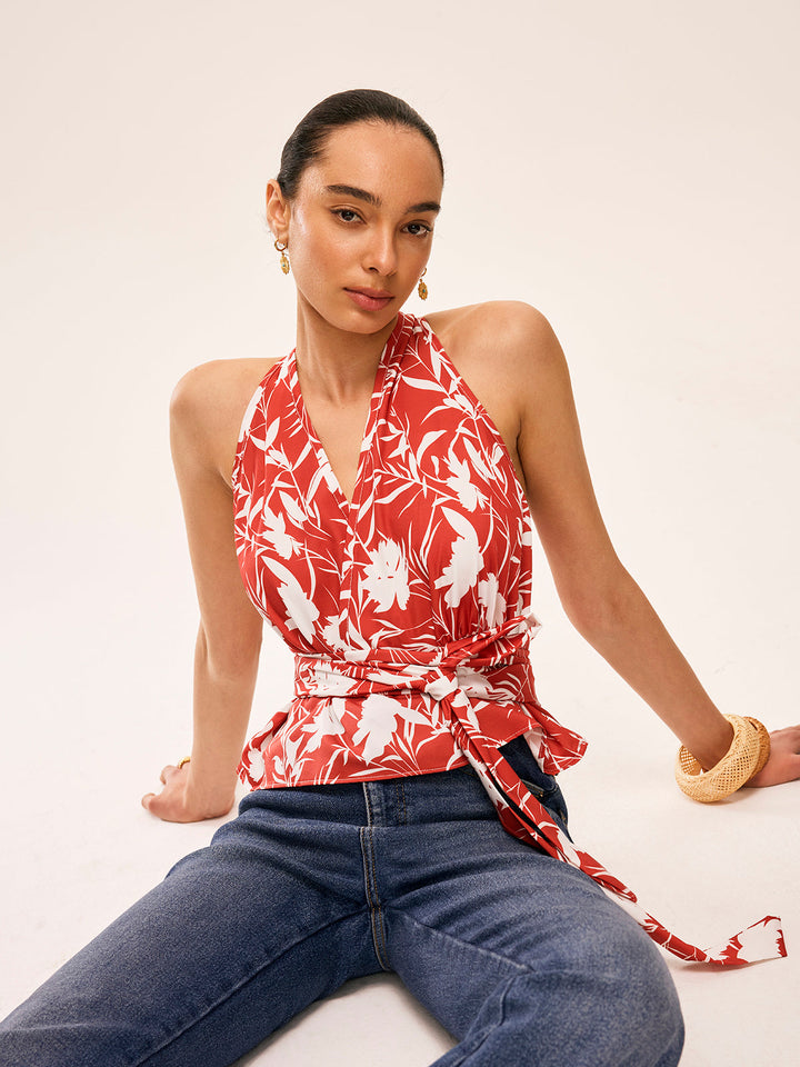 Çiçek Desenli Halter Yaka Bağcıklı Üst