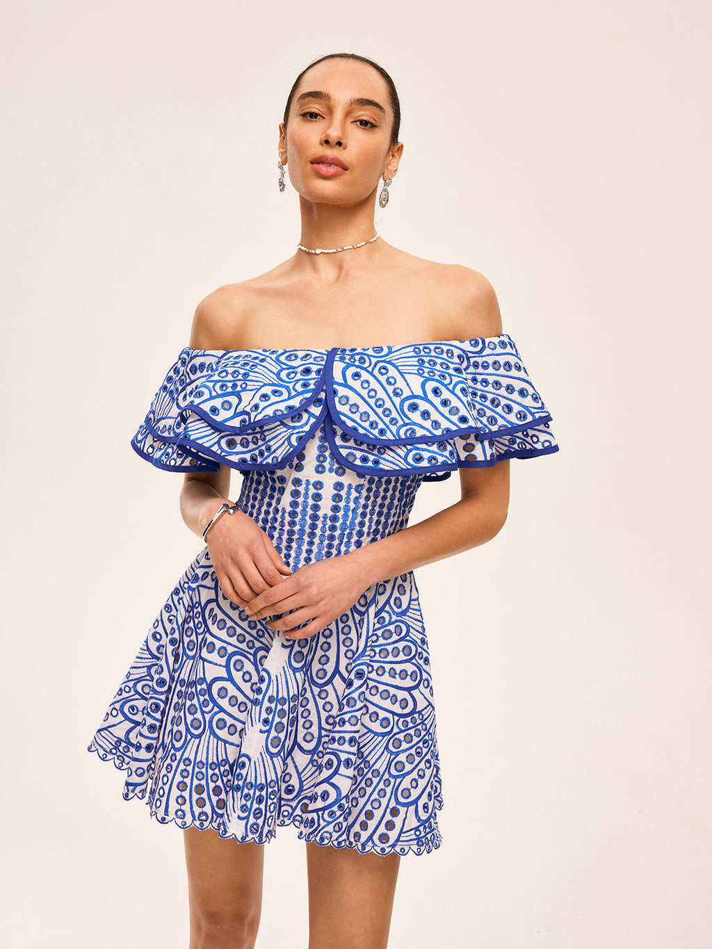 One Shoulder Embroidered Ruffle Mini Dress in Blue — Svelte Chic