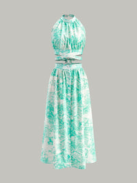 Şık Halter Yaka Sırt Dekolteli Düğmeli Etek Takımı