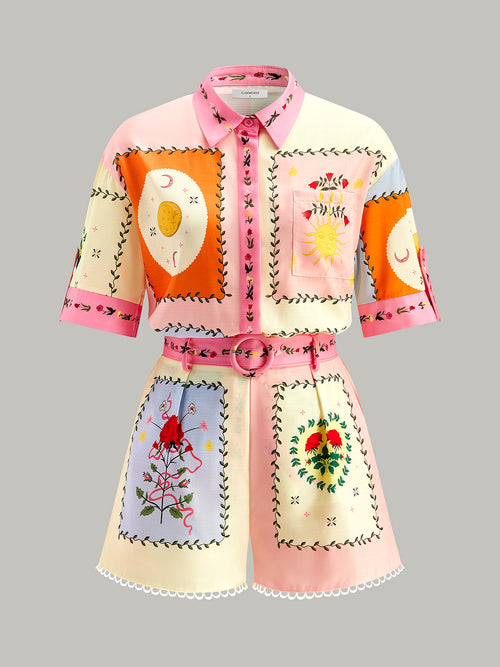 Belted Floral Shorts Set in Multicolor — Svelte Chic