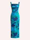 Criss Cross Back Printed Maxi Dress in Green — Svelte Chic