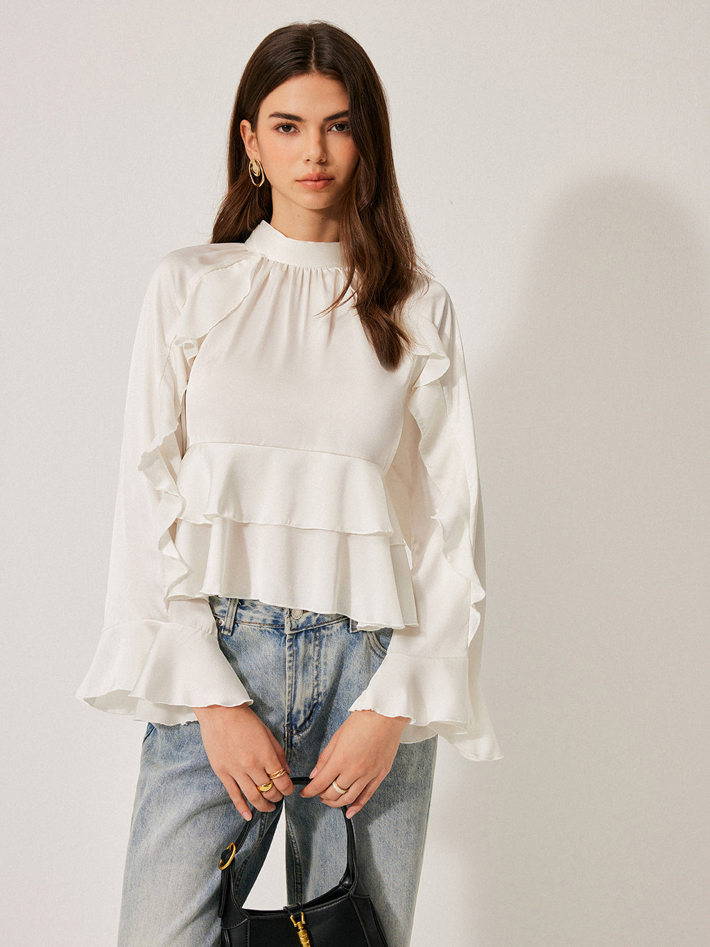 Stand Collar Ruffle Peplum Blouse in White — Svelte Chic