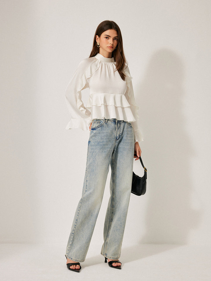 Şık Düğme Detaylı Stand Yaka Volanlı Peplum Bluz