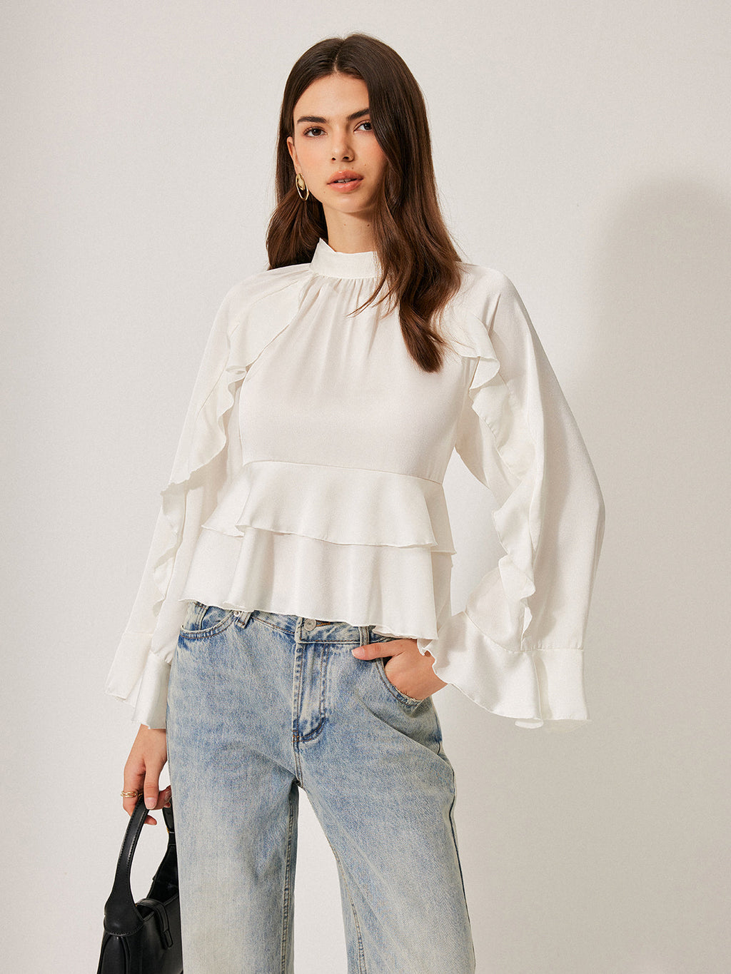 Stand Collar Ruffle Peplum Blouse — Svelte Chic